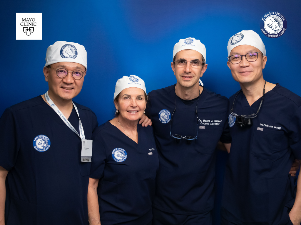 Course faculty at the Mendelson Advanced Facial Anatomy Course, Mayo Clinic — Dr. Min-Hee Ryu (left), Dr. Basel A. Sharaf, Course Director, and Dr. Chin-Ho Wong