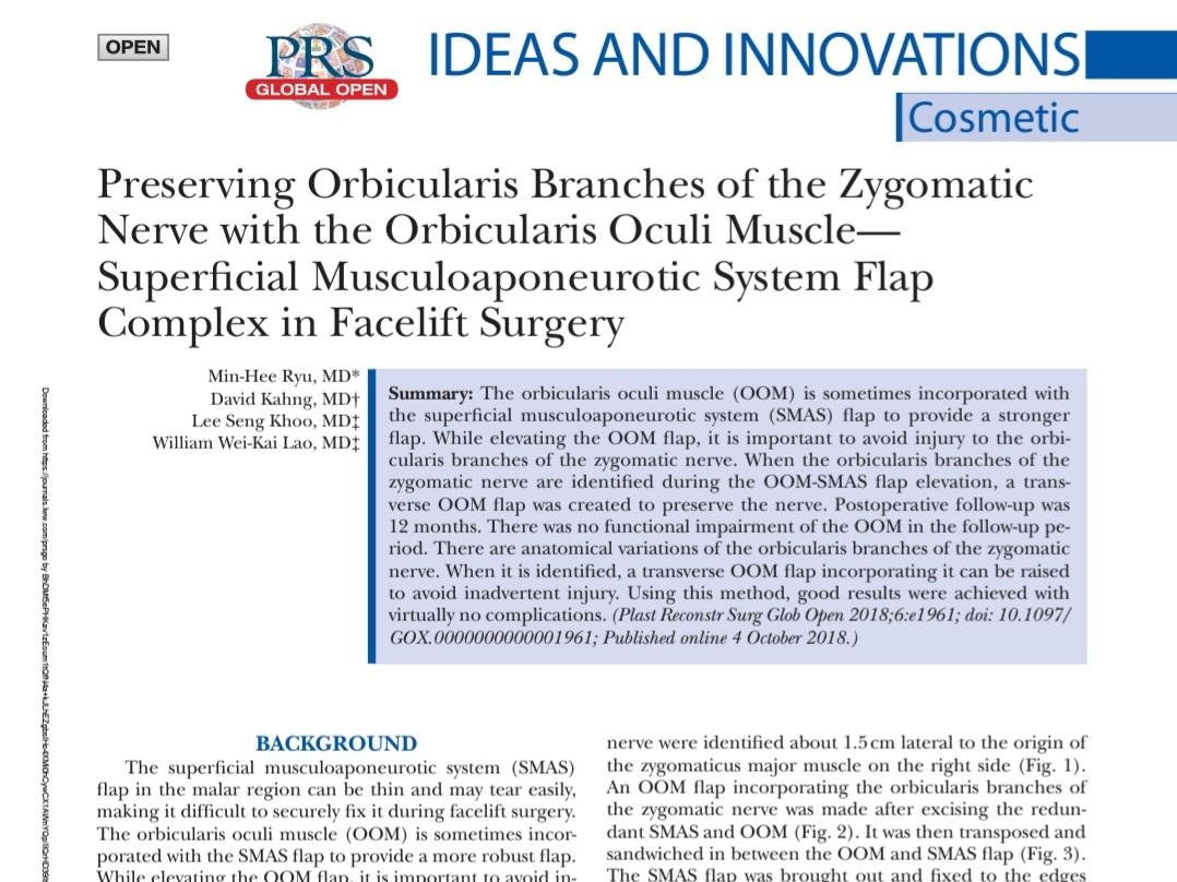PRS Global Open 2018 &mdash; Preserving Orbicularis Branches of the Zygomatic Nerve with the Orbicularis Oculi Muscle, Min-Hee Ryu